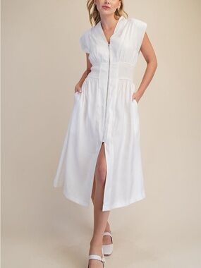 glam White Zip-Front Midi Dress